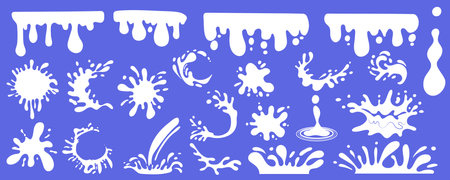 Milk stain mega set in cartoon graphic design. Bundle elements of splashing white borders with drops, dripping yogurt liquids, round blots, flowing wavy shapes. Vector illustration isolated objectsのイラスト素材
