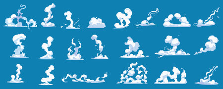 Steam clouds mega set in cartoon graphic design. Bundle elements of white smoke motions with fluffy trails, cloudy vapour shape and wind speed comic effects. Vector illustration isolated objectsのイラスト素材