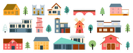 Village buildings mega set in cartoon graphic design. Bundle elements of cute suburban houses, barn, mill, bridge, trees and other architecture constructions. Vector illustration isolated objectsのイラスト素材
