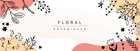 Floral horizontal web banner. Abstract black outline wildflowers, blooming flowers, twigs and herbs on decorative background. Vector illustration for header website, cover templates in modern designのイラスト素材
