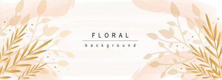 Floral horizontal web banner. Abstract pastel leaves and plant foliage, twigs and herbs on elegant decorative background. Vector illustration for header website, cover templates in modern designのイラスト素材