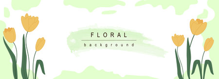 Floral horizontal web banner. Abstract blooming yellow tulips twigs with green leaves on springtime fresh green background. Vector illustration for header website, cover templates in modern designのイラスト素材