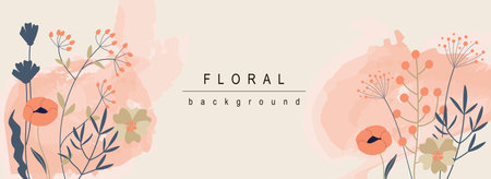 Floral horizontal web banner. Red poppy and wildflowers bouquets with leaves on abstract background. Summer flowers backdrop. Vector illustration for header website, cover templates in modern designのイラスト素材