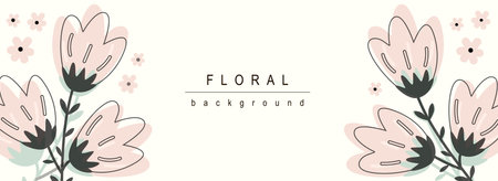 Floral horizontal web banner. Abstract pink flowers bouquets with leaves on white background. Romantic blossoms backdrop. Vector illustration for header website, cover templates in modern designのイラスト素材
