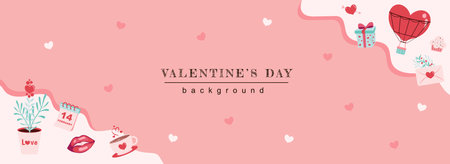 Valentine Day horizontal web banner. Love flower, february date, kiss lips, hot air balloon, gift, romantic letter and hearts. Vector illustration for header website, cover templates in modern designのイラスト素材