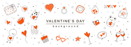 Valentine Day horizontal web banner. Hearts, gifts, letters, rings, kiss, love and other symbols pattern on white background. Vector illustration for header website, cover templates in modern designのイラスト素材