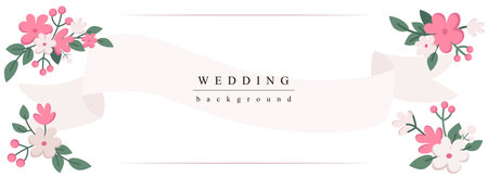 Wedding horizontal web banner. Abstract pink flowers and bouquets with decoration ribbon. Pastel elegant marriage invitation. Vector illustration for header website, cover templates in modern designのイラスト素材