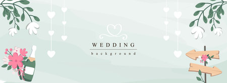 Wedding horizontal web banner. Elegant marriage invitation with wooden boards, pink flower bouquets, champagne, heart garlands. Vector illustration for header website, cover templates in modern designのイラスト素材