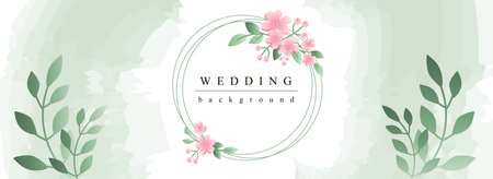 Wedding horizontal web banner. Romantic marriage invitation with abstract pink flowers in circle border with green leaves. Vector illustration for header website, cover templates in modern designのイラスト素材