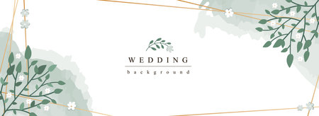 Wedding horizontal web banner. Elegant marriage invitation with abstract white flowers with green leaves in golden border. Vector illustration for header website, cover templates in modern designのイラスト素材