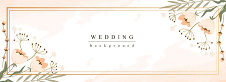 Wedding horizontal web banner. Pastel marriage invitation with abstract blooming flowers and wildflowers in golden border. Vector illustration for header website, cover templates in modern designのイラスト素材