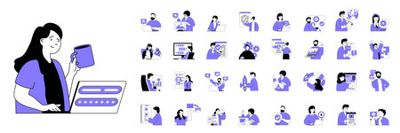 Marketing and development concept with character situations mega set in flat web design. Bundle of scenes people making advertising and online promotion with creative content. Vector illustrations.のイラスト素材