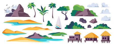 Island beach elements constructor mega set in flat graphic design. Creator kit with stone rock mountains, bungalows, sandy coasts, tropical palm trees, bushes, clouds, sailboat. Vector illustration.のイラスト素材