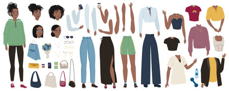Woman character elements constructor mega set in flat graphic design. Creator kit with african american female, body legs and arms, hairstyles heads, clothes and accessories. Vector illustration.のイラスト素材