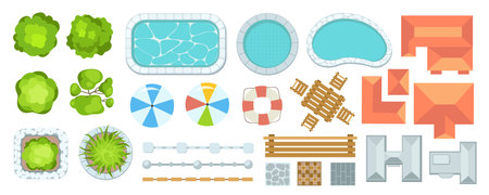 Top view park elements constructor mega set in flat graphic design. Creator kit with green trees, pools, umbrellas, fences, wooden furniture, building roofs, road tails, other. Vector illustration.のイラスト素材