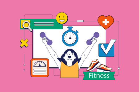Fitness concept in flat neo brutalism design for web. Woman exercising with dumbbells, running training and workout for weight loss. Vector illustration for social media banner, marketing material.のイラスト素材