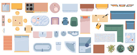 Furniture in top view mega set in flat graphic design. Collection elements of interior apartment plan with kitchen, bedroom, bathroom, living room, home office and other objects. Vector illustration.のイラスト素材