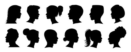 Head profile silhouette mega set in flat graphic design. Collection elements of different male and female human black portraits, african american or caucasian anonymous avatars. Vector illustration.のイラスト素材