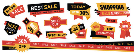 Sale tags mega set in flat graphic design. Collection elements of advertising stickers or badges for shopping clearance offers with discount percent prices and promo announcement. Vector illustration.のイラスト素材