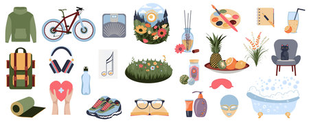 Self care objects mega set in flat graphic design. Collection elements of travel and sports equipments, reading book, painting, writing, aromatherapy relax, spa items, other. Vector illustration.のイラスト素材