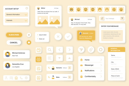 User interface elements set for Messenger mobile app or web. Kit template with HUD, account setup, chats, emoji, subscribe, business network, online contacts. Pack of UI, UX, GUI. Vector components.のイラスト素材