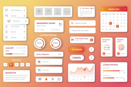 User interface elements set for Education mobile app or web. Kit template with HUD, courses management, learning process data, online lessons, student account. Pack of UI, UX, GUI. Vector components.のイラスト素材