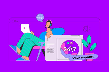 Online support concept in modern flat design for web. Operator answering clients calling, chatting and solving technical problems. Vector illustration for social media banner, marketing material.のイラスト素材