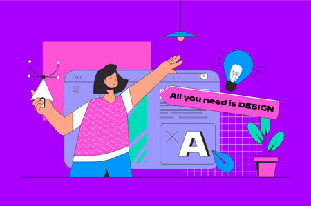 Web design concept in modern flat design. Woman creating wireframe interface and responsive homepage, editing template with content. Vector illustration for social media banner, marketing material.のイラスト素材