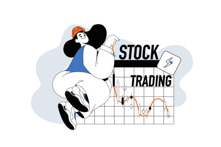 Stock trading outline web modern concept in flat line design. Woman analyzing financial graph and investing money on exchange market. Vector illustration for social media banner, marketing material.のイラスト素材
