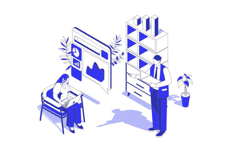 Business statistic 3d isometric concept in isometry graphic design for web. People scene with colleagues work with data charts and graphs, calculating and make financial report. Vector illustration.のイラスト素材