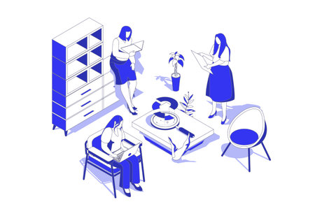 Focus group 3d isometric concept in isometry graphic design for web. People scene with colleagues analyzing audience data diagram with aim at group, making marketing research. Vector illustration.のイラスト素材