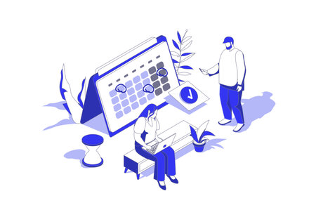 Time planning 3d isometric concept in isometry graphic design for web. People scene with team scheduling work tasks, setting goals and dating at calendar, creating daily agenda. Vector illustration.のイラスト素材