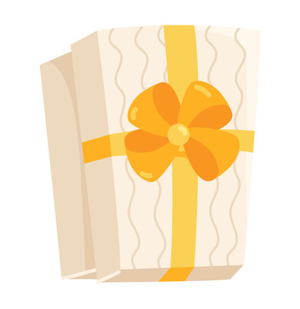 Gift box in flat design. Present in wrapping paper with orange ribbon and bow. Vector illustration isolated.のイラスト素材