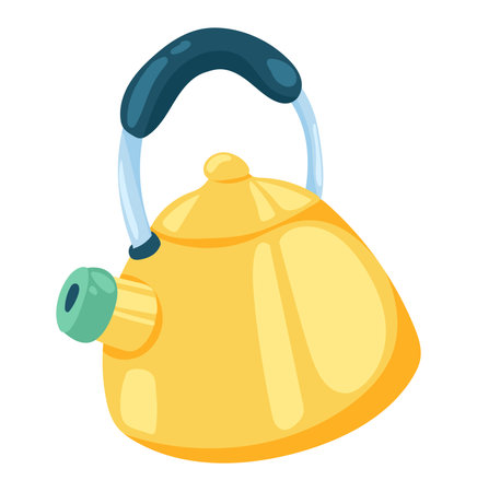 Yellow kettle in flat design. Metallic teapot, domestic kitchenware utensil. Vector illustration isolated.のイラスト素材