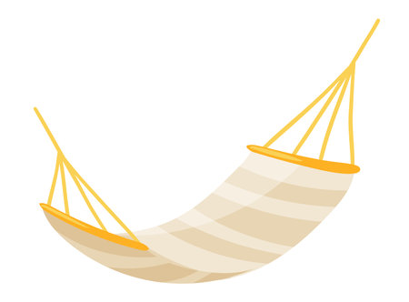 Hammock in flat design. Summer striped suspended camping bed with ropes. Vector illustration isolated.のイラスト素材