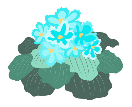 Abstract blue violets on leaves in flat design. Blooming flowers in leafage. Vector illustration isolated.のイラスト素材