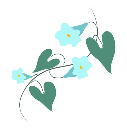 Abstract bellflowers with leaves in flat design. Blue flowers on twig. Vector illustration isolated.のイラスト素材