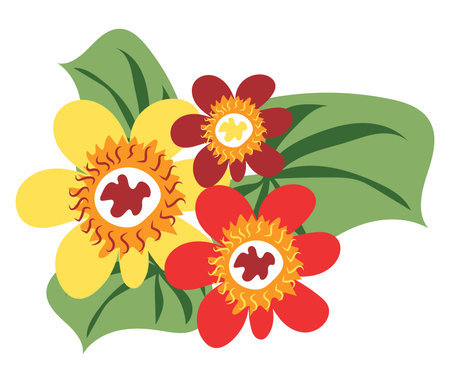 Abstract primroses flowers with leaves in flat design. Springtime flowers. Vector illustration isolated.のイラスト素材