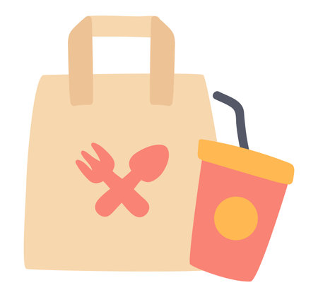 Takeaway food packages in flat design. Paper lunch bag and drink cup. Vector illustration isolated.のイラスト素材