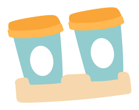 Coffee cups in drink cardboard holder in flat design. Takeaway beverages. Vector illustration isolated.のイラスト素材