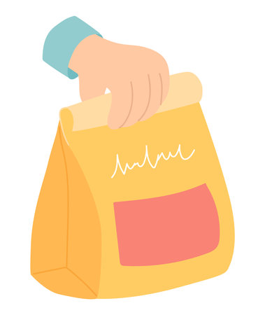 Takeaway food bag in flat design. Hand holds paper package with lunch. Vector illustration isolated.のイラスト素材