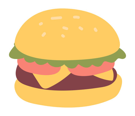 Burger or cheeseburger in flat design. American tasty unhealthy fast food. Vector illustration isolated.のイラスト素材