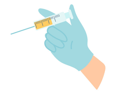 Vaccination injection in flat design. Doctor hand in glove holds syringe. Vector illustration isolated.のイラスト素材