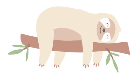 Cute sloth laying on branch in flat design. Happy lazy pet relaxing. Vector illustration isolated.のイラスト素材