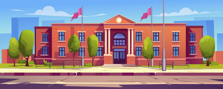 University building background banner in cartoon design. Classic facade with columns and flags of government architecture building. Cityscape with courthouse or bank. Vector cartoon illustrationのイラスト素材