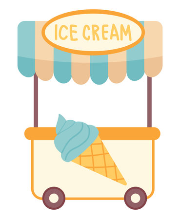Ice cream booth in flat design. Street cold dessert catering cart with wheels. Vector illustration isolated.のイラスト素材