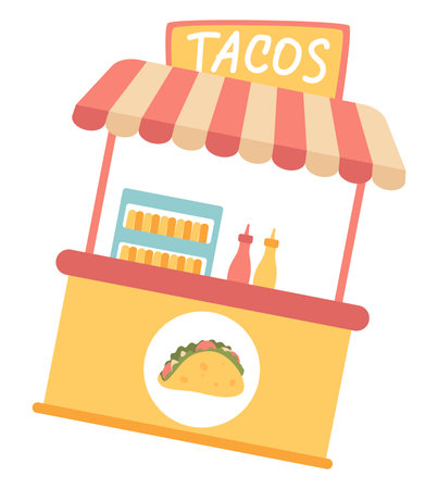 Tacos booth in flat design. Mexican street food catering cart with tent. Vector illustration isolated.のイラスト素材