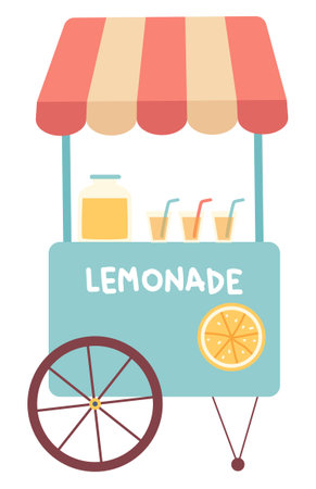Lemonade booth in flat design. Street cold drink catering cart with wheels. Vector illustration isolated.のイラスト素材