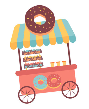 Donut booth in flat design. Street desserts catering cart with pastry menu. Vector illustration isolated.のイラスト素材