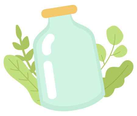 Glass jar with green plant leaves in flat design. Zero waste packaging. Vector illustration isolated.のイラスト素材